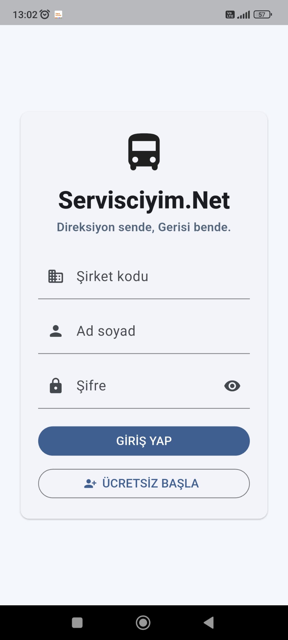 Servisciyim.Net uygulaması giriş ekranı