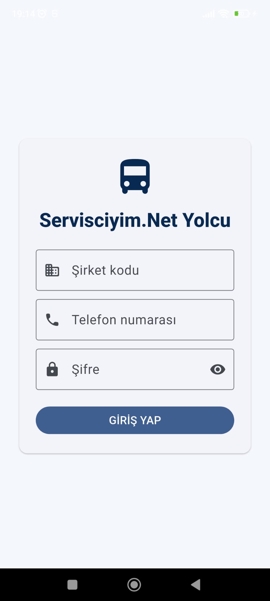 Yolcu uygulamasında şirket kodu, telefon ve şifreyle giriş